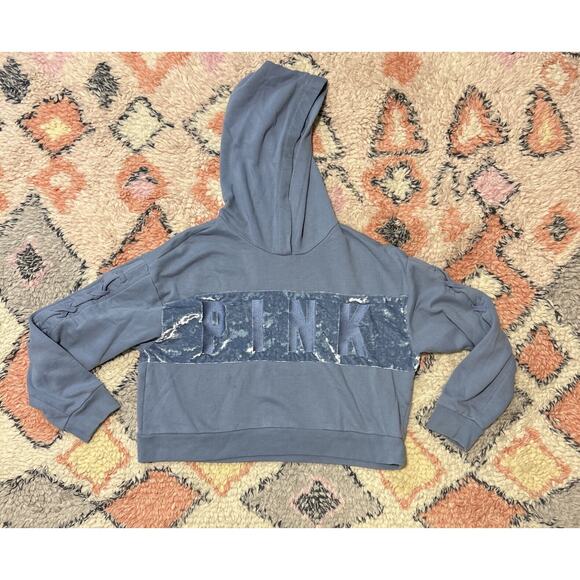 Victorias Secret PINK Cropped velvet Stripe Lace Up Sleeve Hoodie Blue Large - Picture 1 of 5